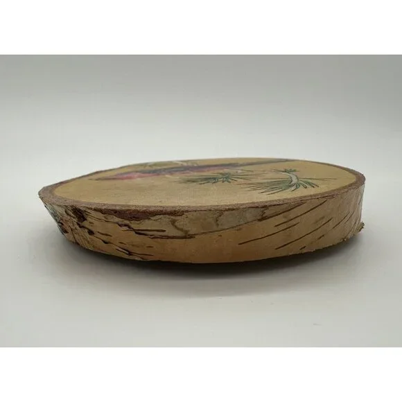 Red Bird Wall Hanging Picture Handmade Signed Live Edge Wood Oval Pine Grosbeak - Picture 4 of 9